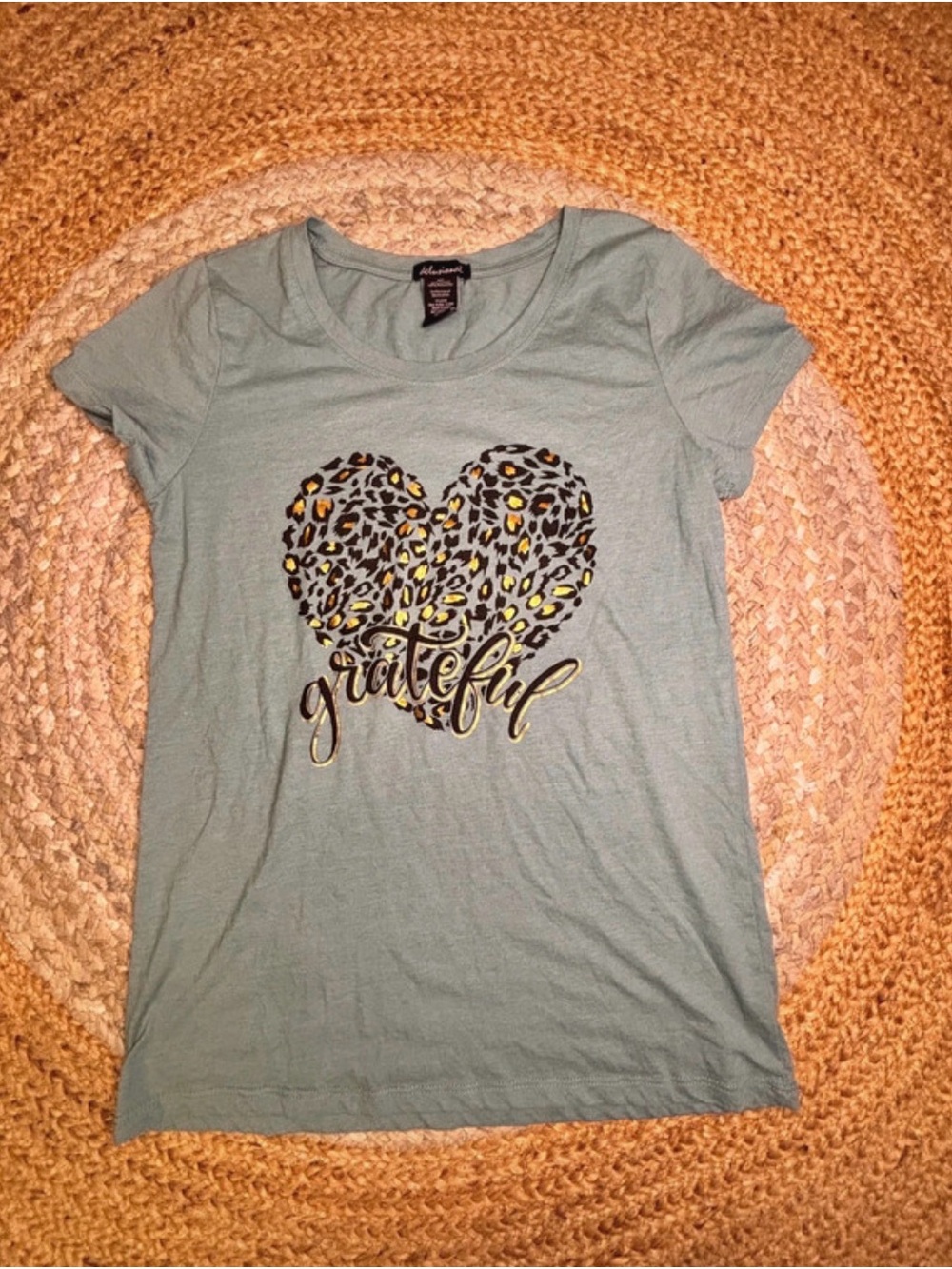 Grateful Leopard Heart Short Sleeve Tee - Sage Green